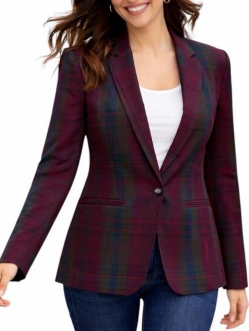 LOFT Burgundy & Teal Plaid Blazer